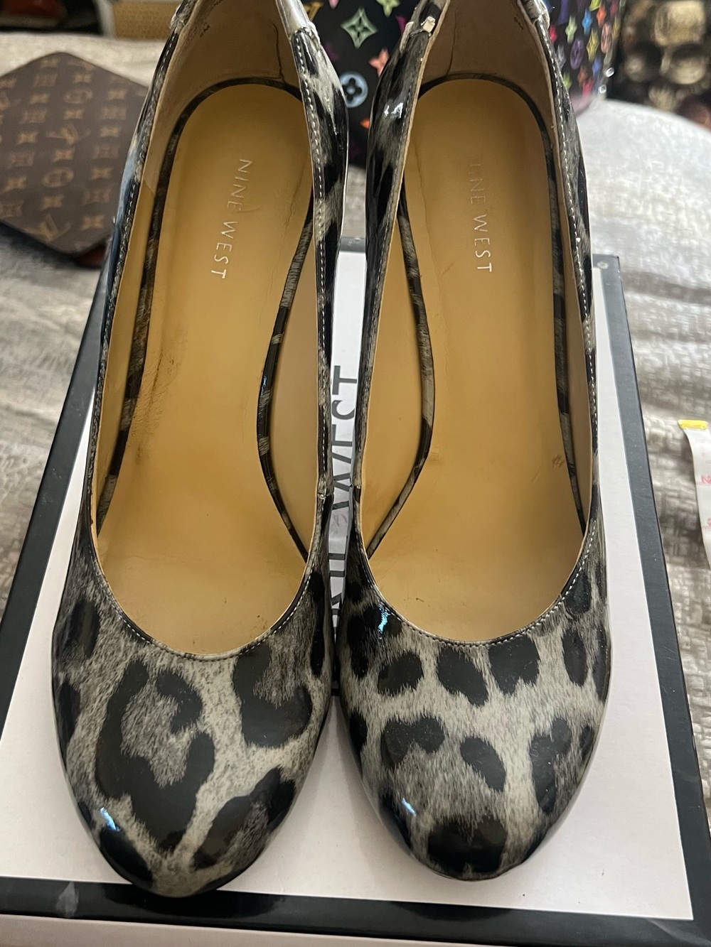Nine West Leopard Print Patent Heels - Black & Gray Size 9
